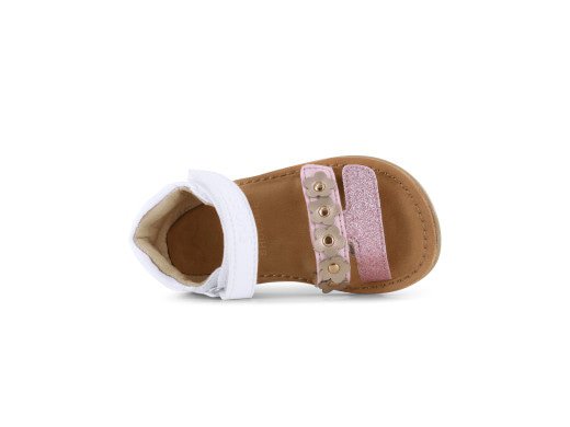 A girl's open toe closed back sandal by Shoesme, style CS23S007-C, in white and rose gold with rose gold heart detail to the right side and flower detail to one of the straps. Velcro fastening. Front view.