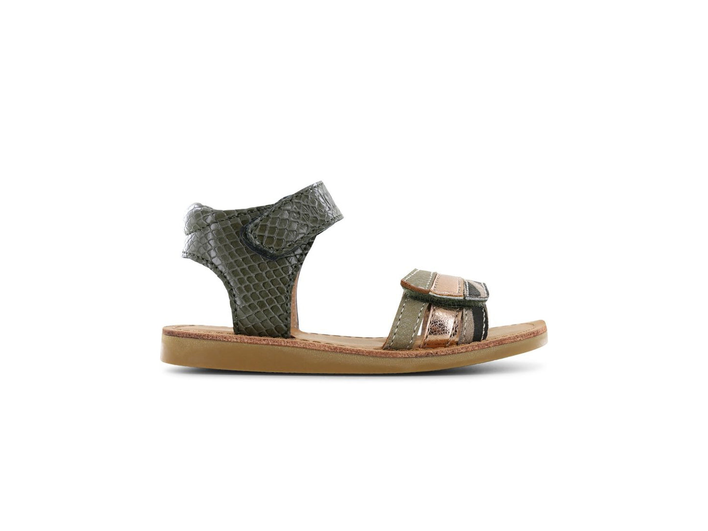 A girls open toe sandal by Shoesme, style CS24S006-C, in green snake effect and rose gold/animal print leather. Velcro fastening. Right side view.