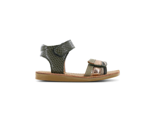 A girls open toe sandal by Shoesme, style CS24S006-C, in green snake effect and rose gold/animal print leather. Velcro fastening. Right side view.