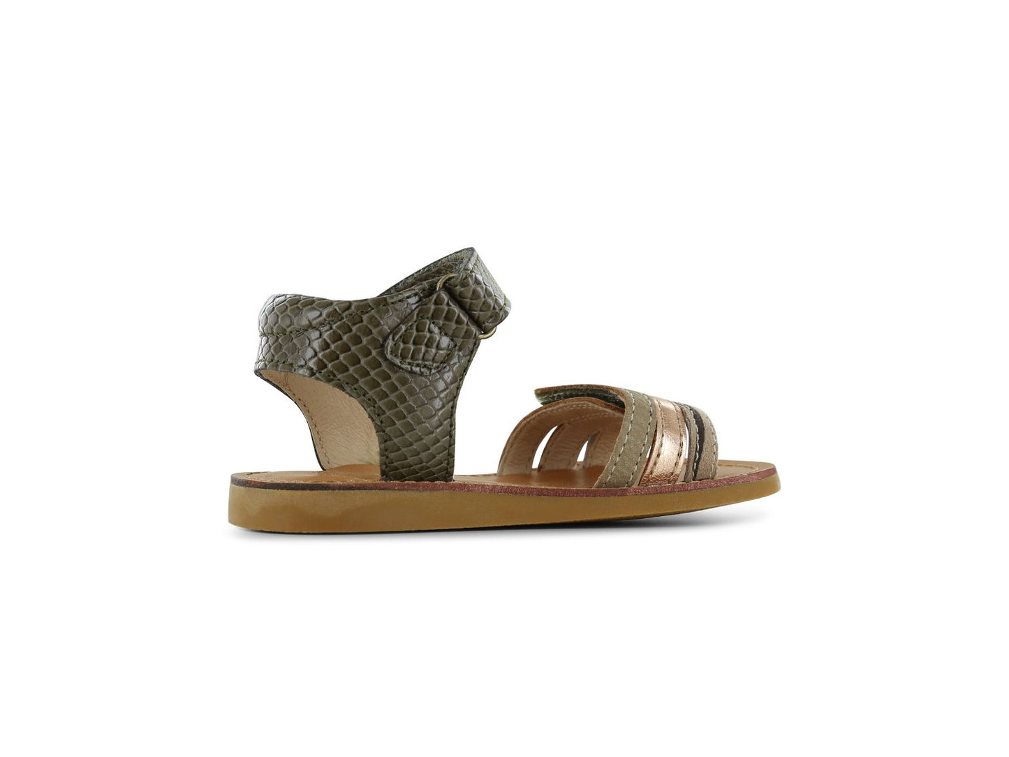 A girls open toe sandal by Shoesme, style CS24S006-C, in green snake effect and rose gold/animal print leather. Velcro fastening. Left side view.