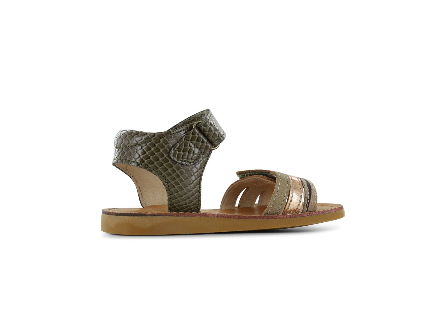 A girls open toe sandal by Shoesme, style CS24S006-C, in green snake effect and rose gold/animal print leather. Velcro fastening. Left side view.