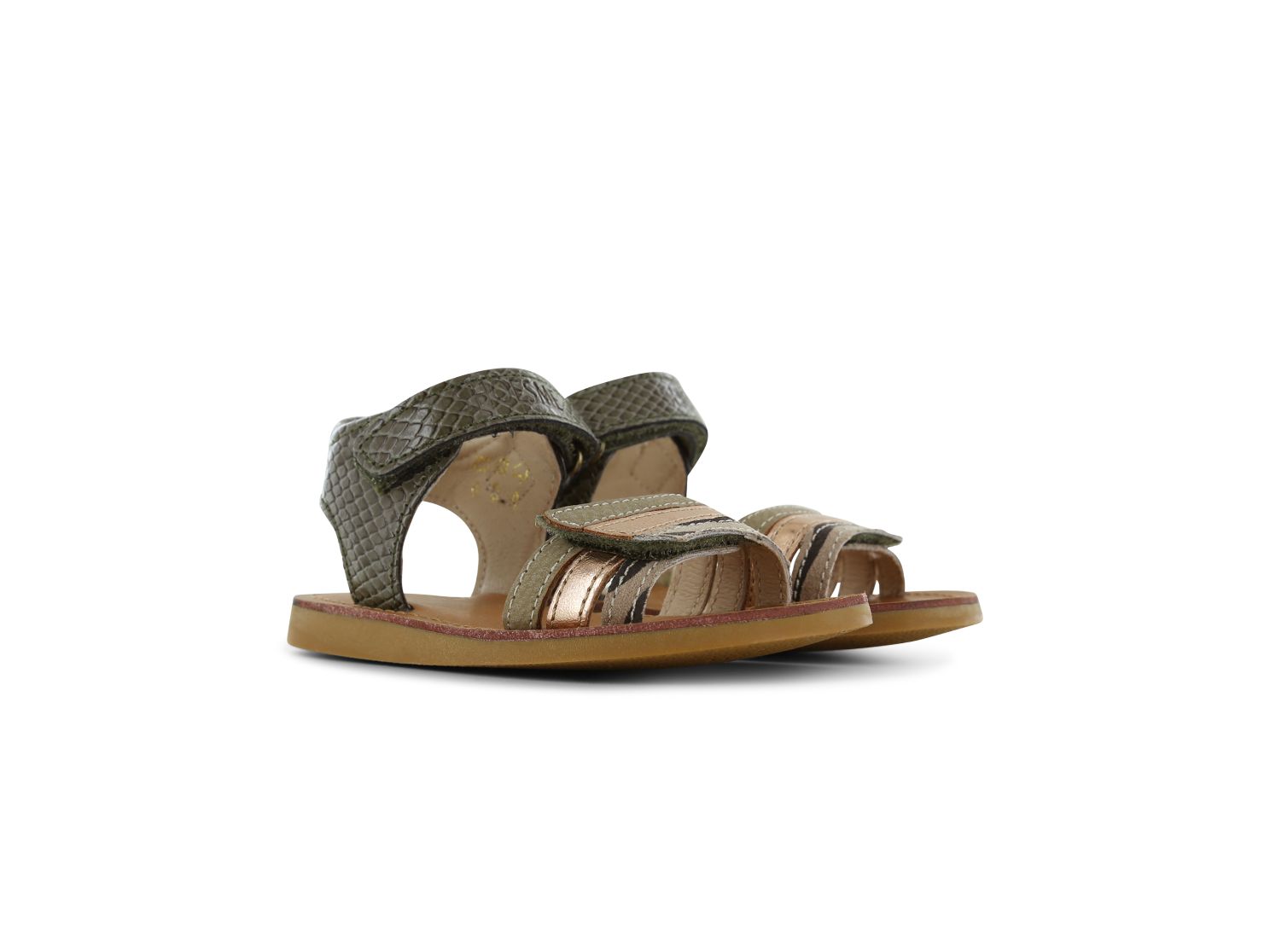 A pair of girls open toe sandals by Shoesme, style CS24S006-C, in green snake effect and rose gold/animal print leather. Velcro fastening. Right side view.