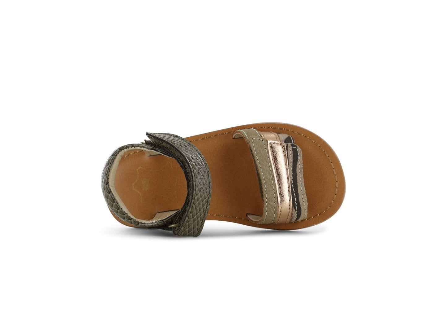 A girls open toe sandal by Shoesme, style CS24S006-C, in green snake effect and rose gold/animal print leather. Velcro fastening. Front view.