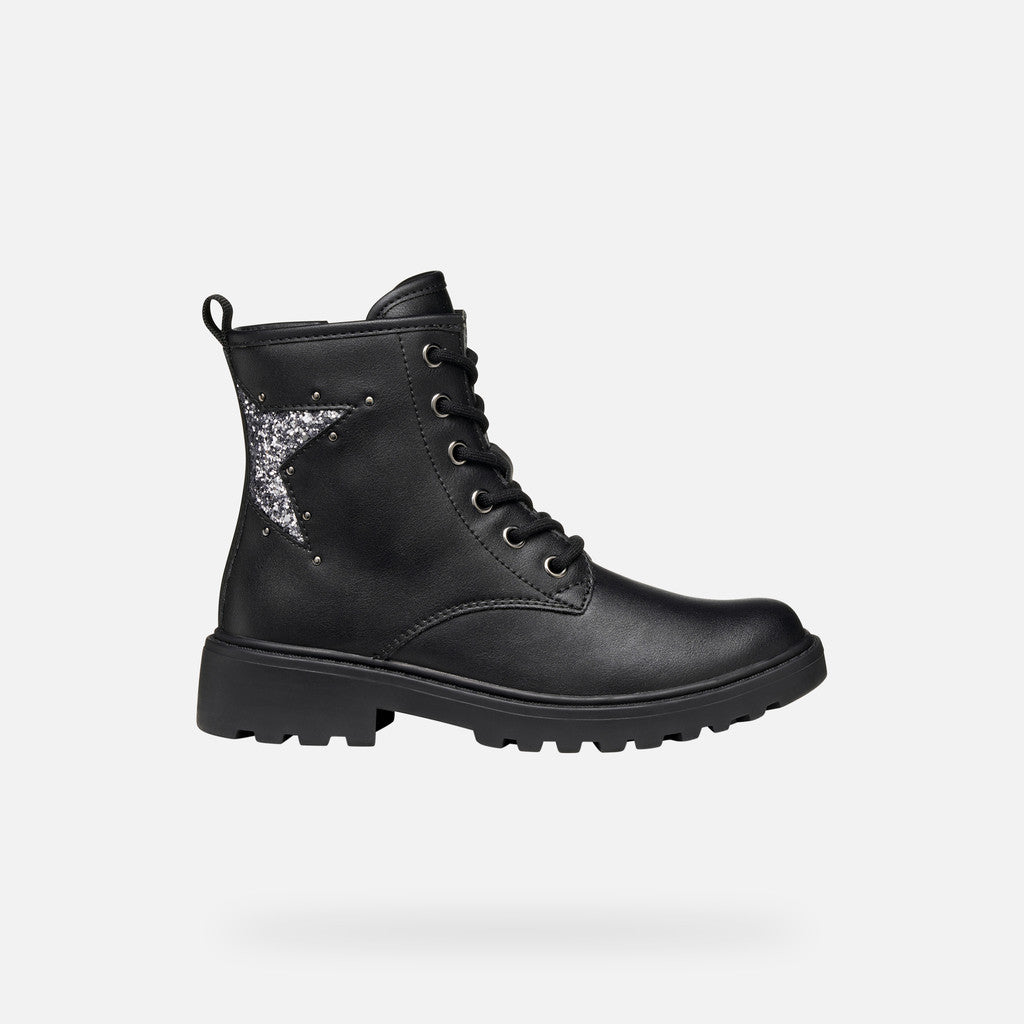 Girls lace up ankle boot by Geox, style Casey Girl in Black/Gun, with sparkly star design on side. Right side view 