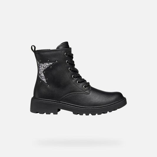 Girls lace up ankle boot by Geox, style Casey Girl in Black/Gun, with sparkly star design on side. Right side view 