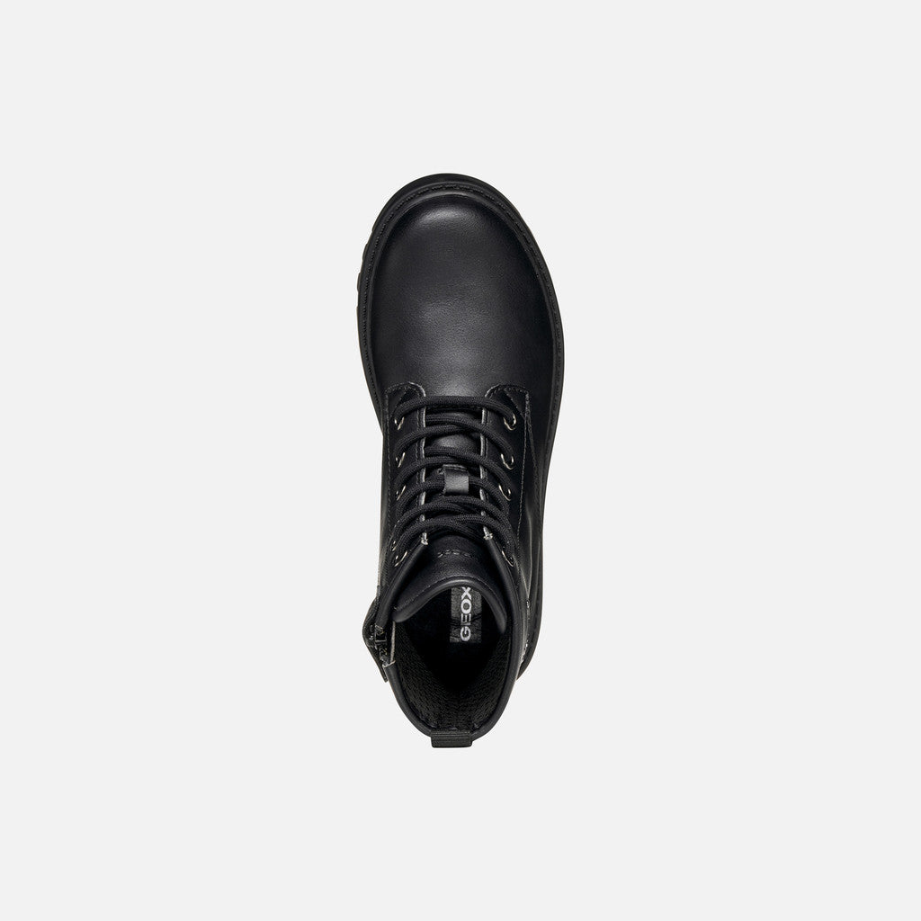 Girls lace up ankle boot by Geox, style Casey Girl in Black/Gun, with sparkly star design on side. Top view