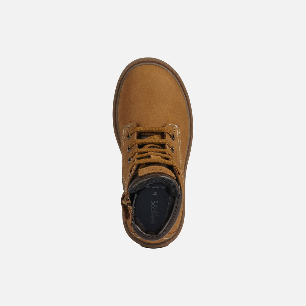 A boys lace up ankle boot by Geox, style Shaylax Boy, in yellow/brown. Top view
