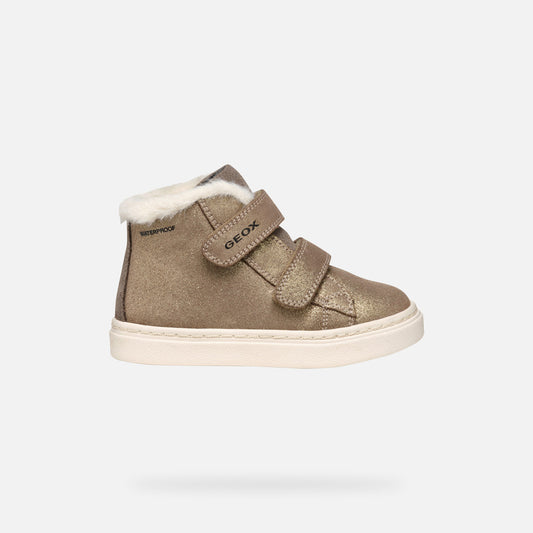 Girls high top trainer by Geox, style Nashik, in Smoke Grey with two velcro straps. Right side view