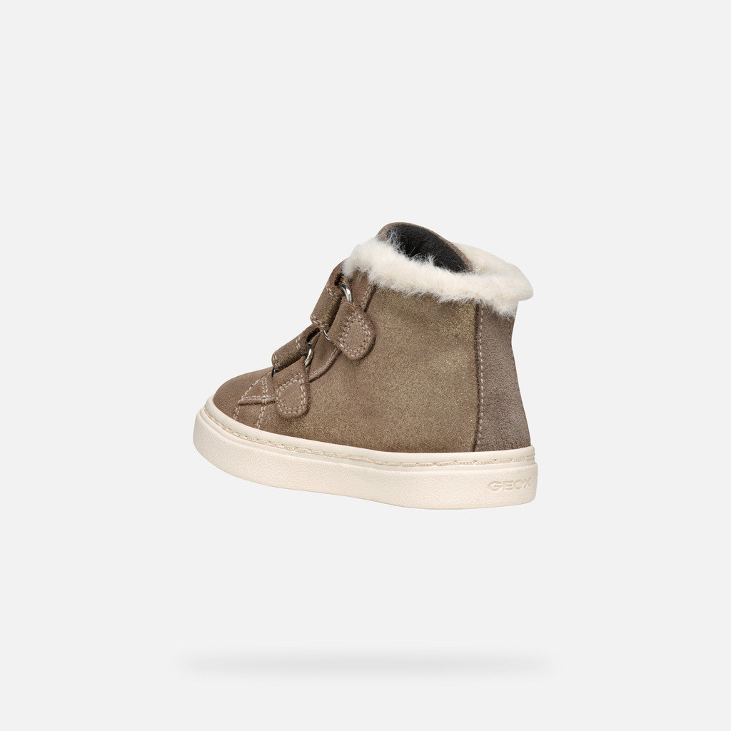 Girls high top trainer by Geox, style Nashik, in Smoke Grey with two velcro straps. Angled inner back view