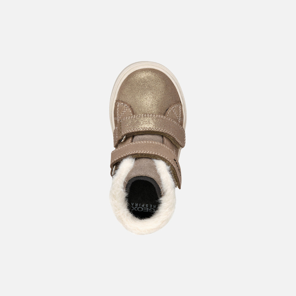 Girls high top trainer by Geox, style Nashik, in Smoke Grey with two velcro straps.Top view