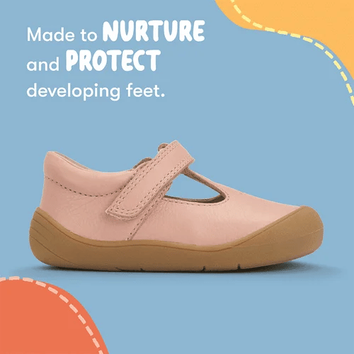 A girls shoe by Start-Rite, style Charms, in dusky pink with t-bar, velcro strap and front and back bumpers. Right side view with Start-Rite wording above.