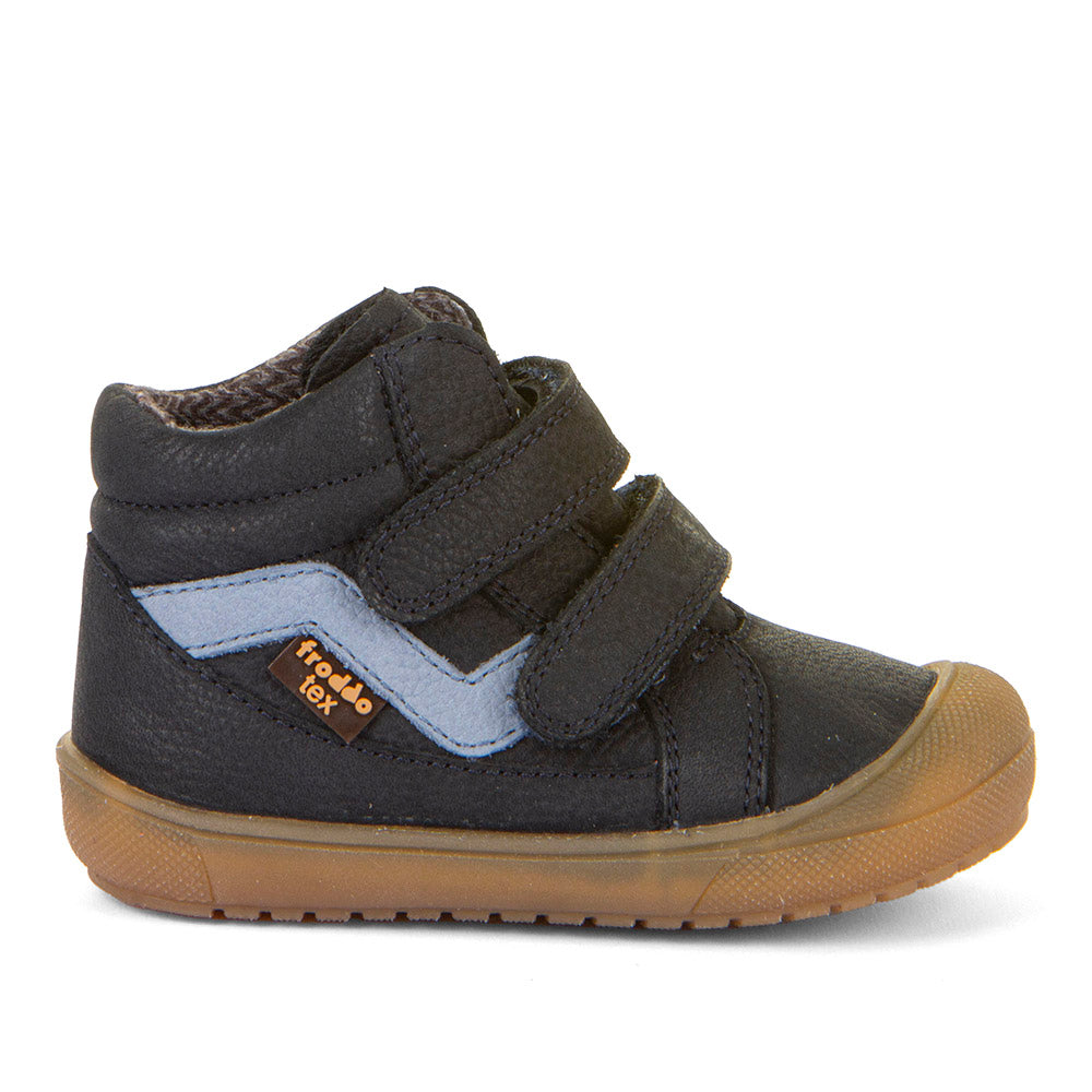 A boys waterproof boot by Froddo, style, G2110139-1, in navy with light blue trim and toe bumper. Double velcro fastening. Right side view.