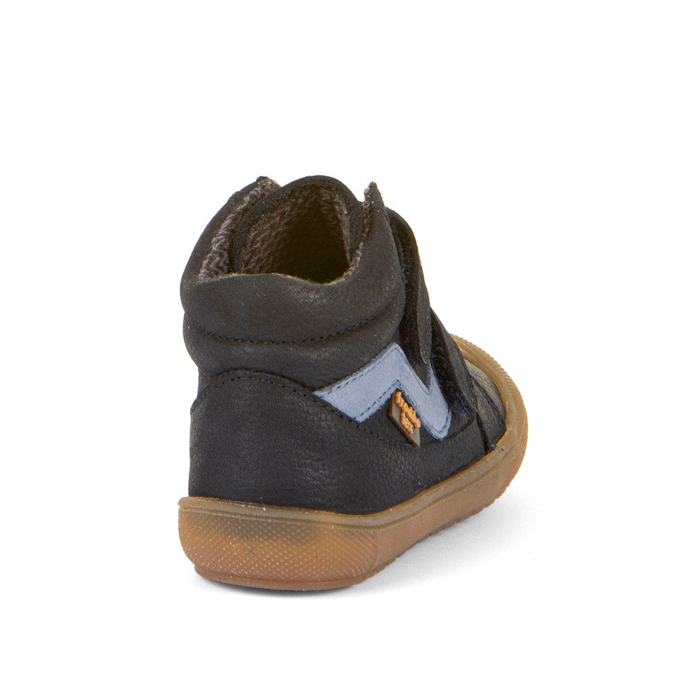 A boys waterproof boot by Froddo, style, G2110139-1, in navy with light blue trim and toe bumper. Double velcro fastening. Angled back view.