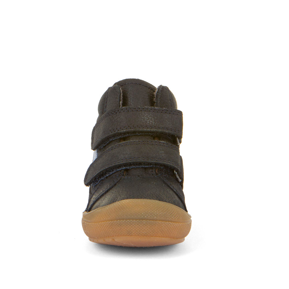 A boys waterproof boot by Froddo, style, G2110139-1, in navy with light blue trim and toe bumper. Double velcro fastening. Front view.