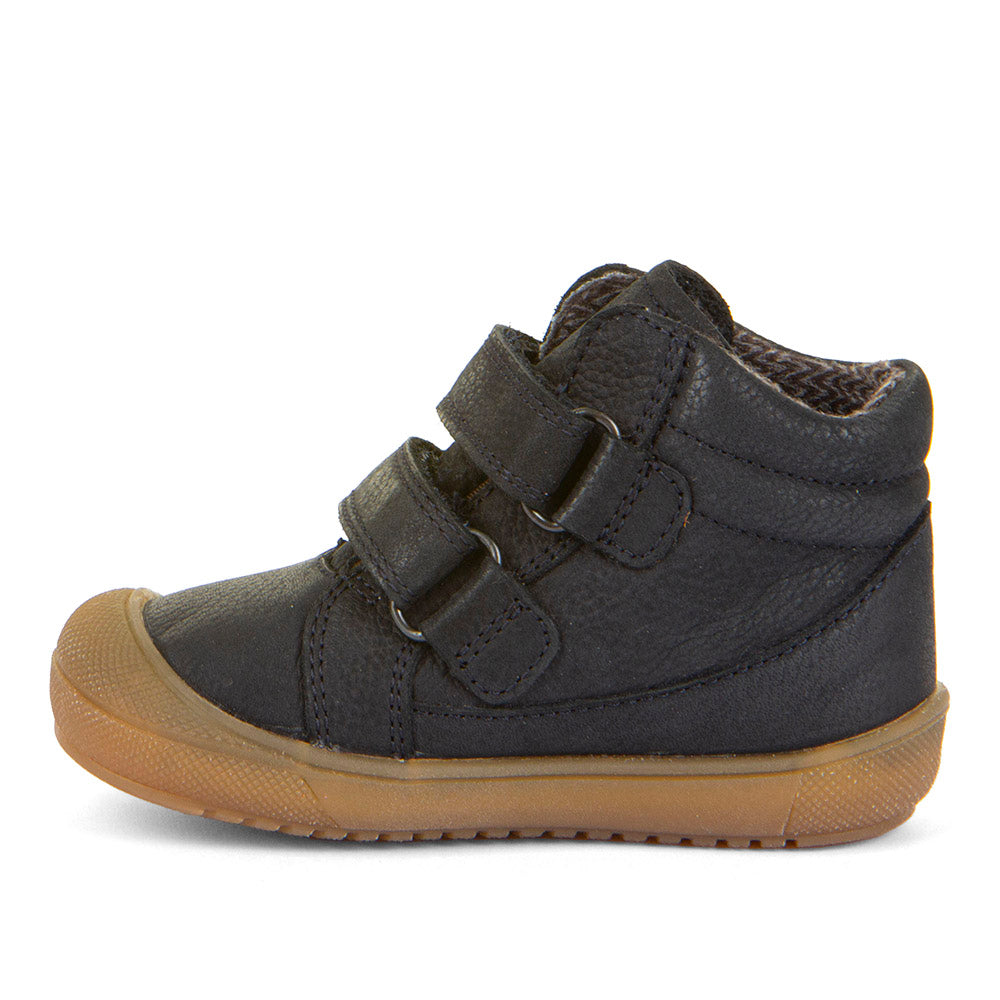 A boys waterproof boot by Froddo, style, G2110139-1, in navy with light blue trim and toe bumper. Double velcro fastening. Left side view.