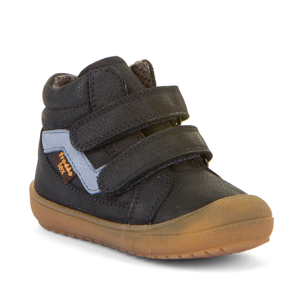 A boys waterproof boot by Froddo, style, G2110139-1, in navy with light blue trim and toe bumper. Double velcro fastening. Angled right side view.