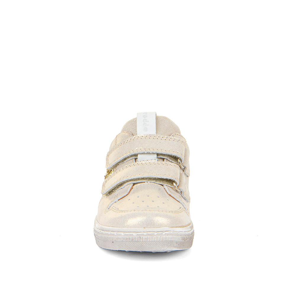 A girls casual occasion shoe by Froddo, style G2130315-11 Dolby, in light gold metallic with gold sequin block and star detail, double velcro fastening. Front view.