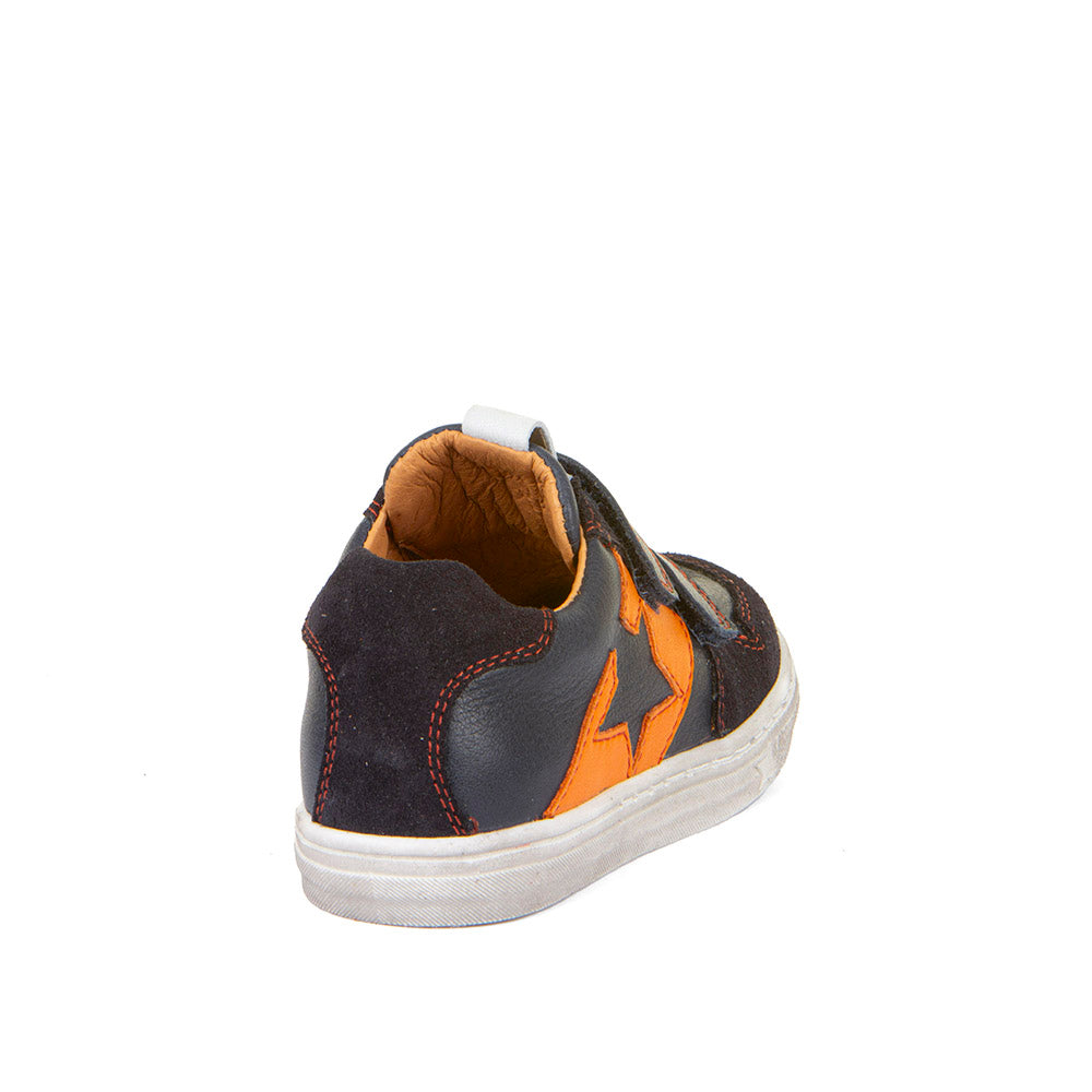 A boys casual shoe by Froddo, style G2130315 Dolby, in navy with orange block and star detail, double velcro fastening. Back view.
