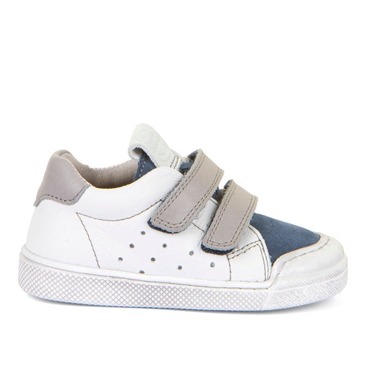 A boys casual shoe by Froddo, style Rosario G2130316-41, in white and blue leather with grey straps and trim. Toe bumper and velcro fastening. Right side view.