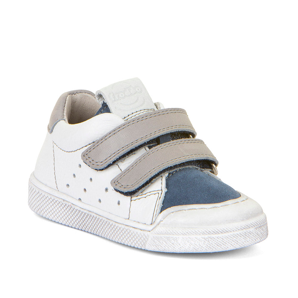 A boys casual shoe by Froddo, style Rosario G2130316-41, in white and blue leather with grey straps and trim. Toe bumper and velcro fastening. Angled right side view.