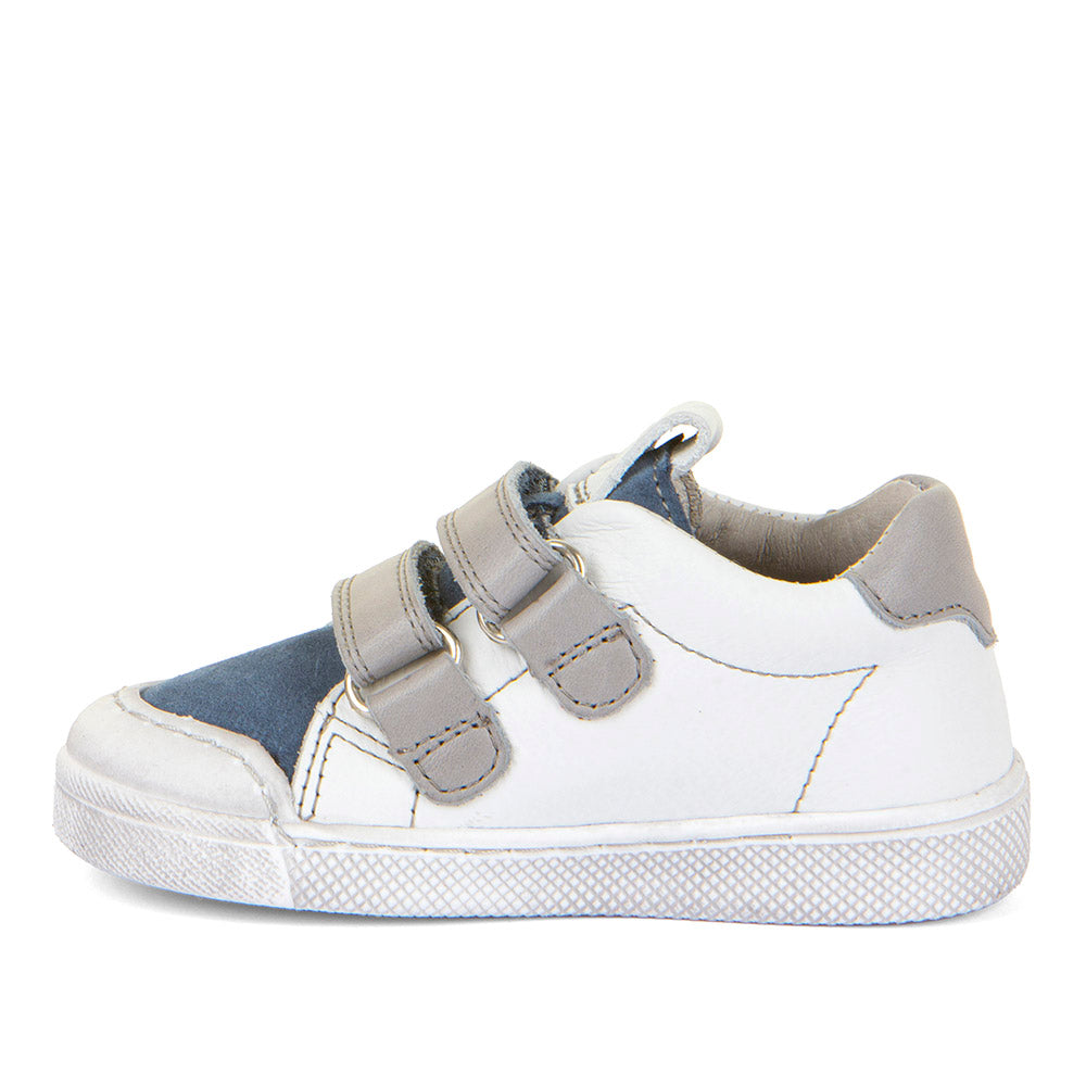 A boys casual shoe by Froddo, style Rosario G2130316-41, in white and blue leather with grey straps and trim. Toe bumper and velcro fastening. Left side view.