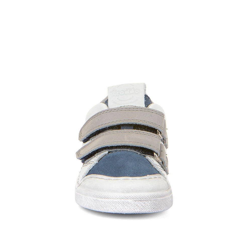 A boys casual shoe by Froddo, style Rosario G2130316-41, in white and blue leather with grey straps and trim. Toe bumper and velcro fastening. Front view.