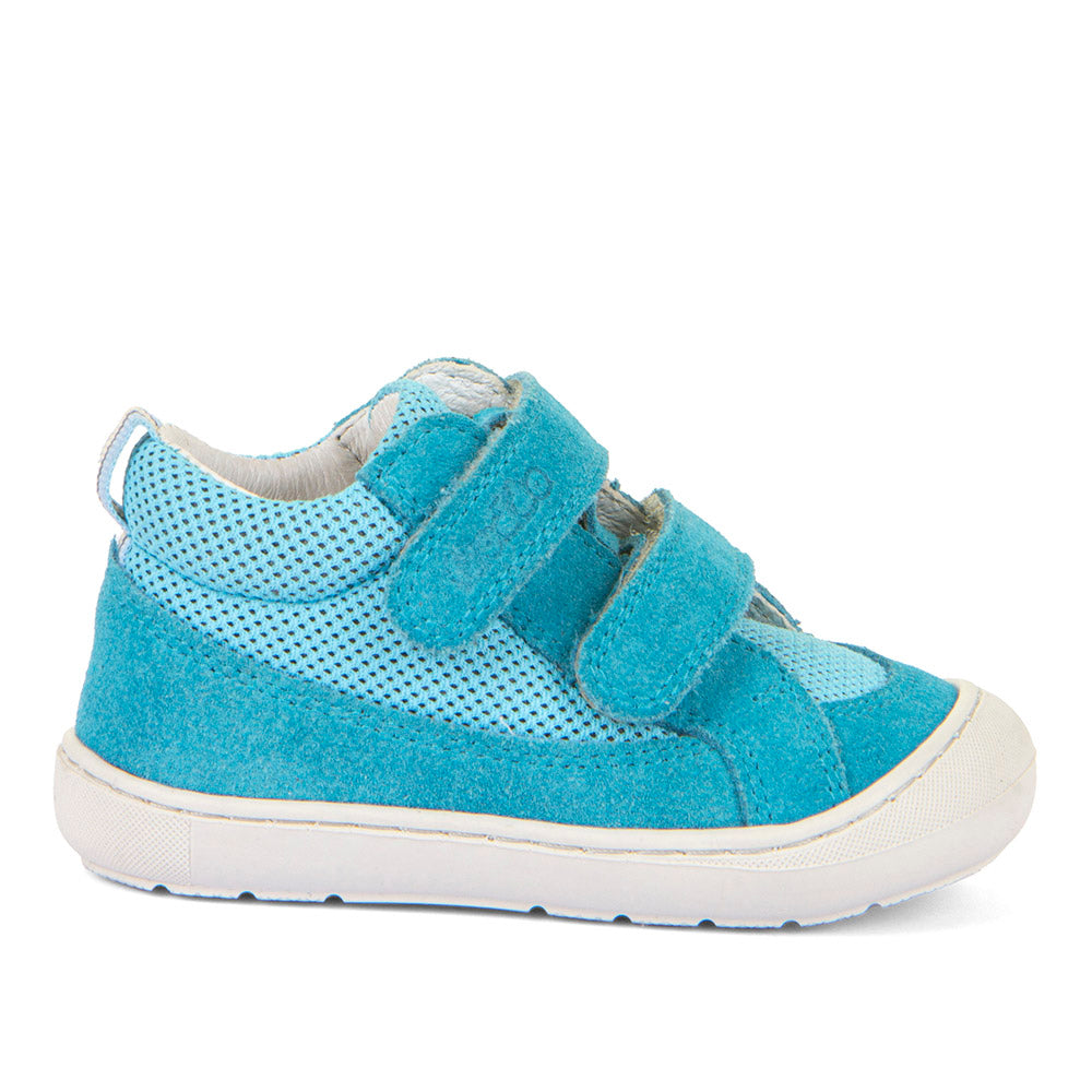 A boys ankle boot by Froddo, style Ollie Fun G2130345-1 in turquoise textile/suede with toe bumper and double velcro fastening. Right side view.