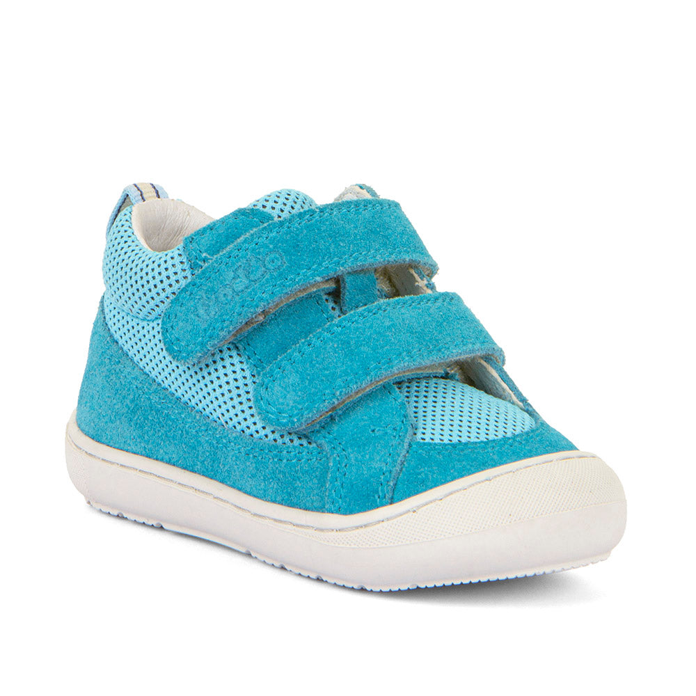 A boys ankle boot by Froddo, style Ollie Fun G2130345-1 in turquoise textile/suede with toe bumper and double velcro fastening. Angled right side view.