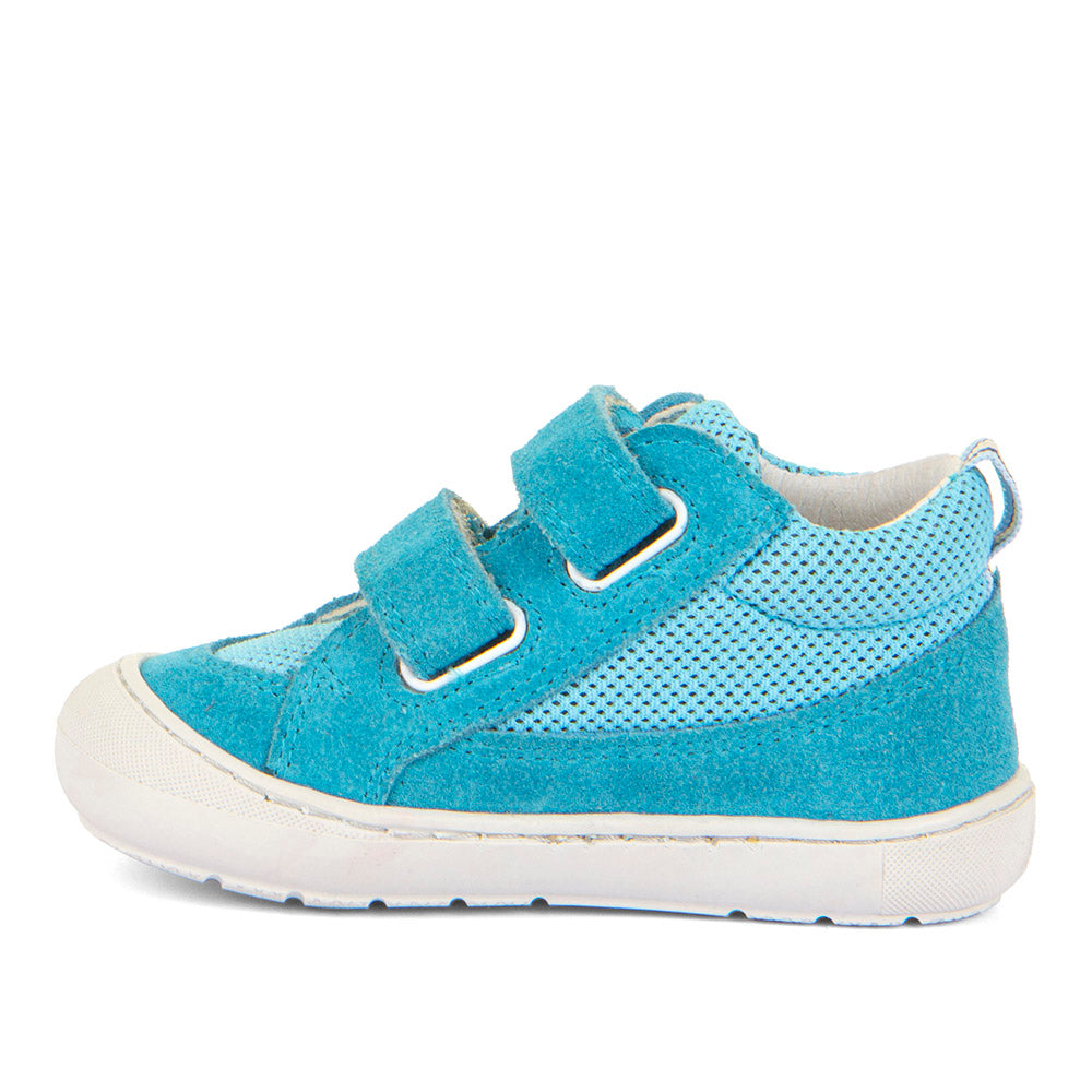 A boys ankle boot by Froddo, style Ollie Fun G2130345-1 in turquoise textile/suede with toe bumper and double velcro fastening. Left side view.
