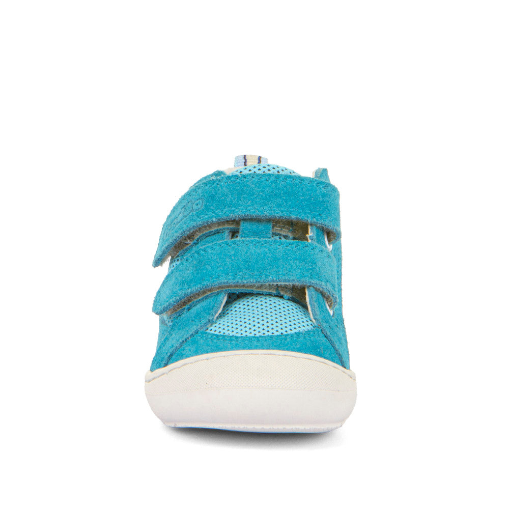 A boys ankle boot by Froddo, style Ollie Fun G2130345-1 in turquoise textile/suede with toe bumper and double velcro fastening. Front view.