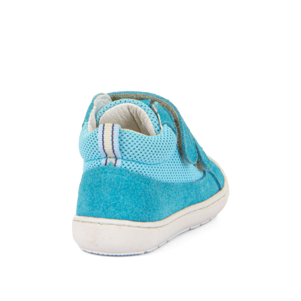 A boys ankle boot by Froddo, style Ollie Fun G2130345-1 in blue textile/suede with toe bumper and double velcro fastening. Angled back view.