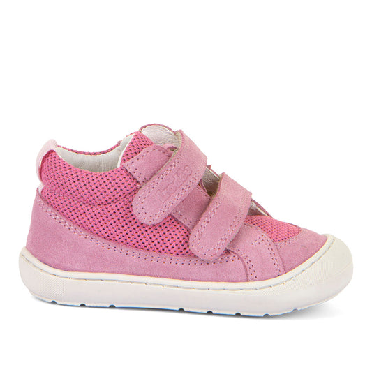 A girls ankle boot by Froddo, style Ollie Fun G2130345-3 in pink textile/suede with toe bumper and double velcro fastening. Right side view.