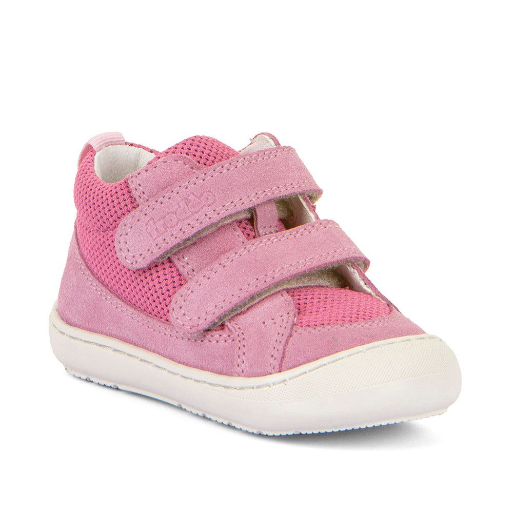 A girls ankle boot by Froddo, style Ollie Fun G2130345-3 in pink textile/suede with toe bumper and double velcro fastening. Angled right side view.