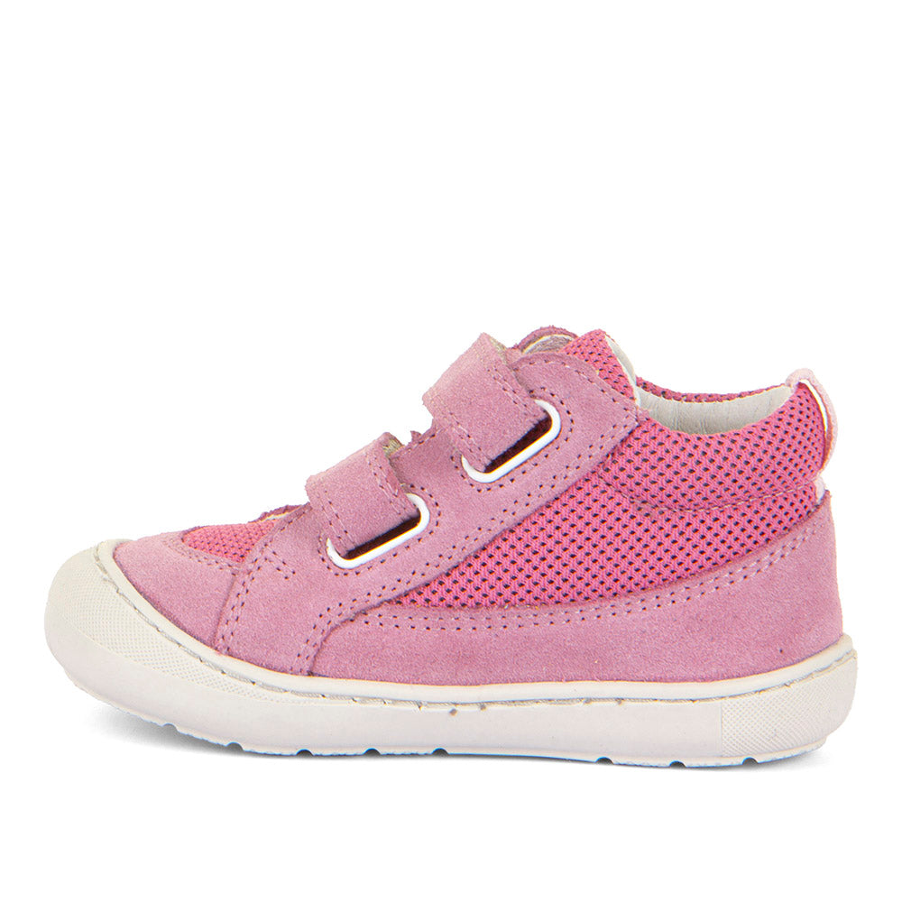 A girls ankle boot by Froddo, style Ollie Fun G2130345-3 in pink textile/suede with toe bumper and double velcro fastening. Left side view.