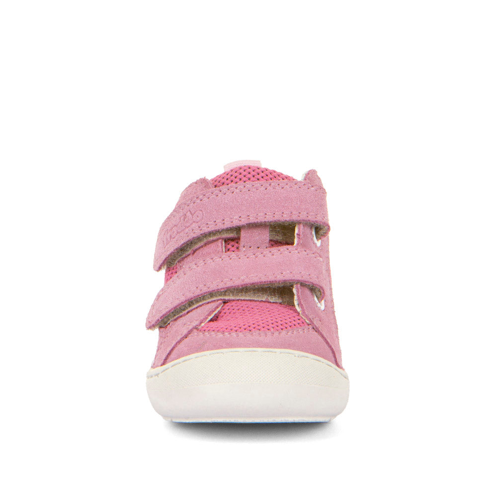 A girls ankle boot by Froddo, style Ollie Fun G2130345-3 in pink textile/suede with toe bumper and double velcro fastening. Front view.