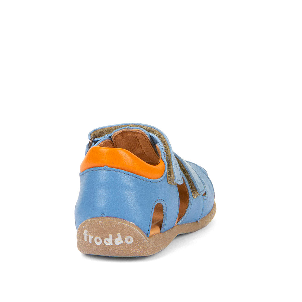 A boys closed toe leather sandal by Froddo, style Carte Double, in blue multi leather with velcro fastening. Back view.