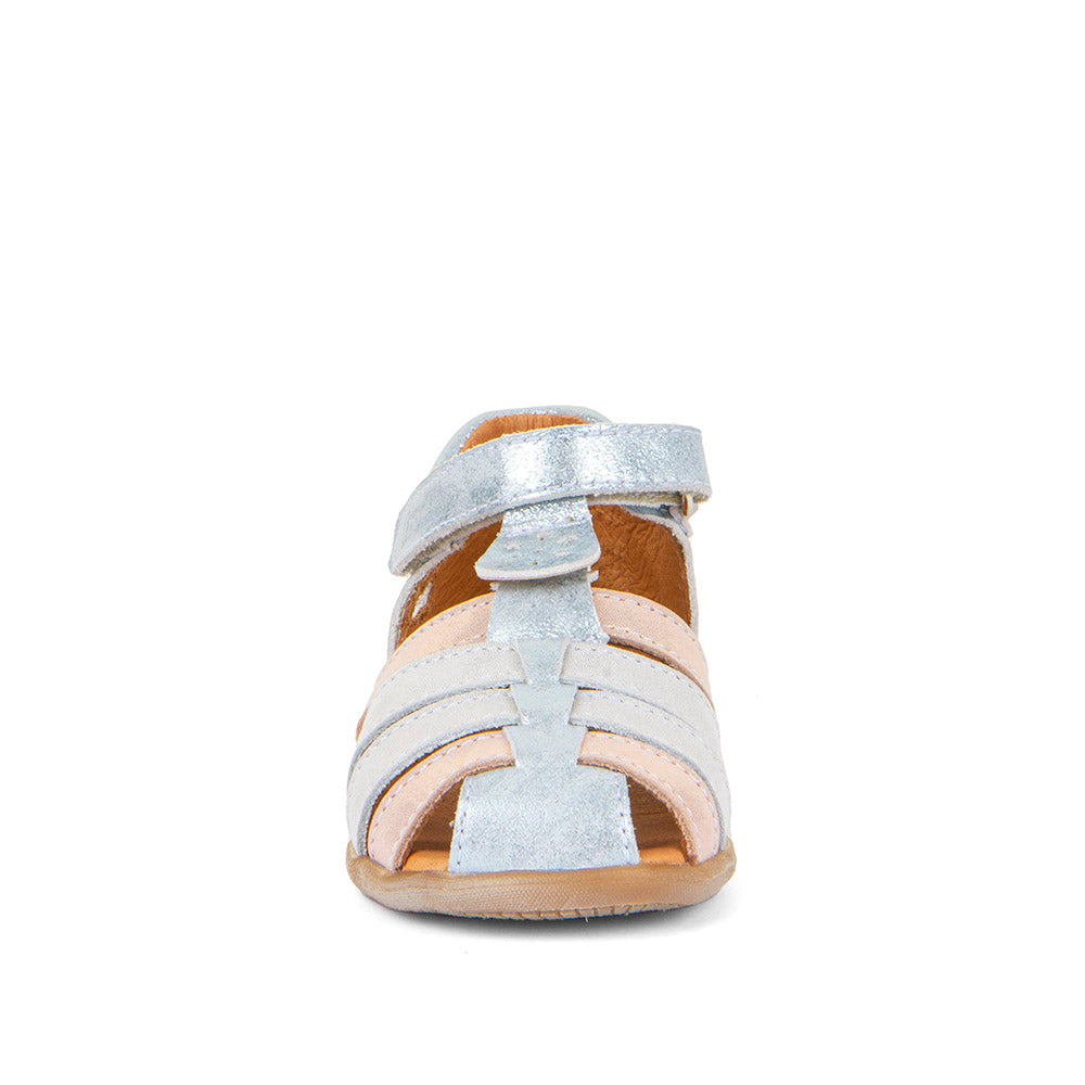 A girls leather sandal by Froddo, style Carte Girly, in blue and pink metallic leather with single velcro fastening. Front view.