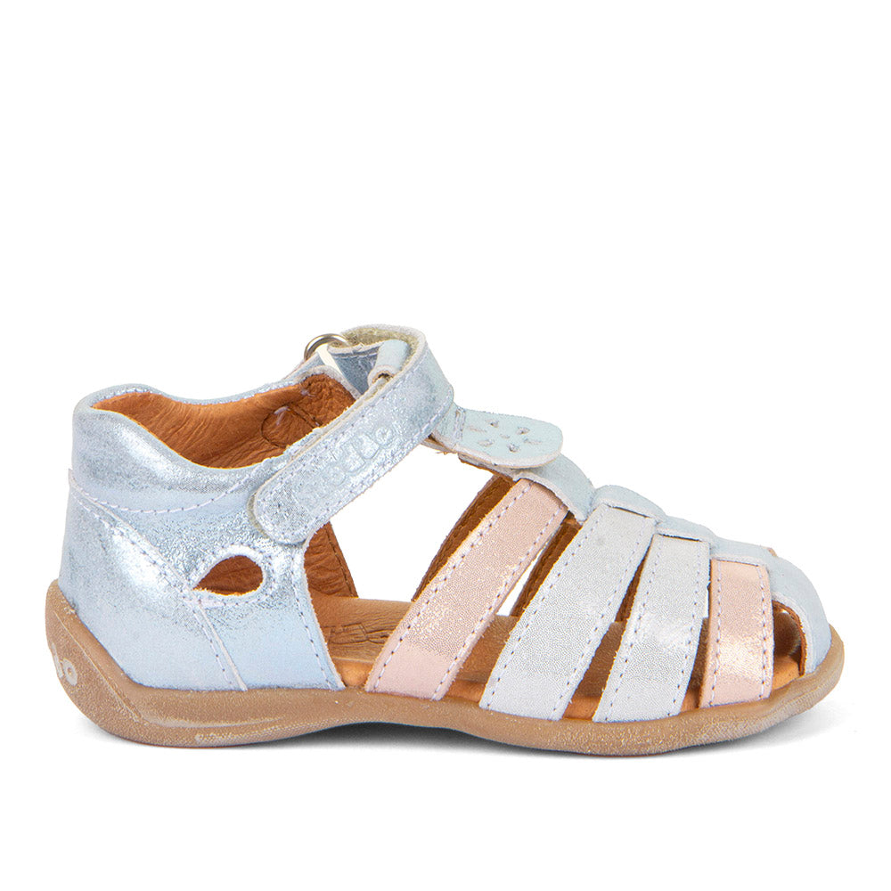 A girls leather sandal by Froddo, style Carte Girly, in blue and pink metallic leather with single velcro fastening. Right side view.
