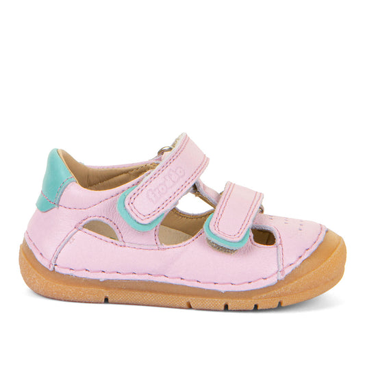 A girls closed toe sandal by Froddo, style Paix Double G2150198-6, in pink with blue trim and double velcro fastening. Right side view.