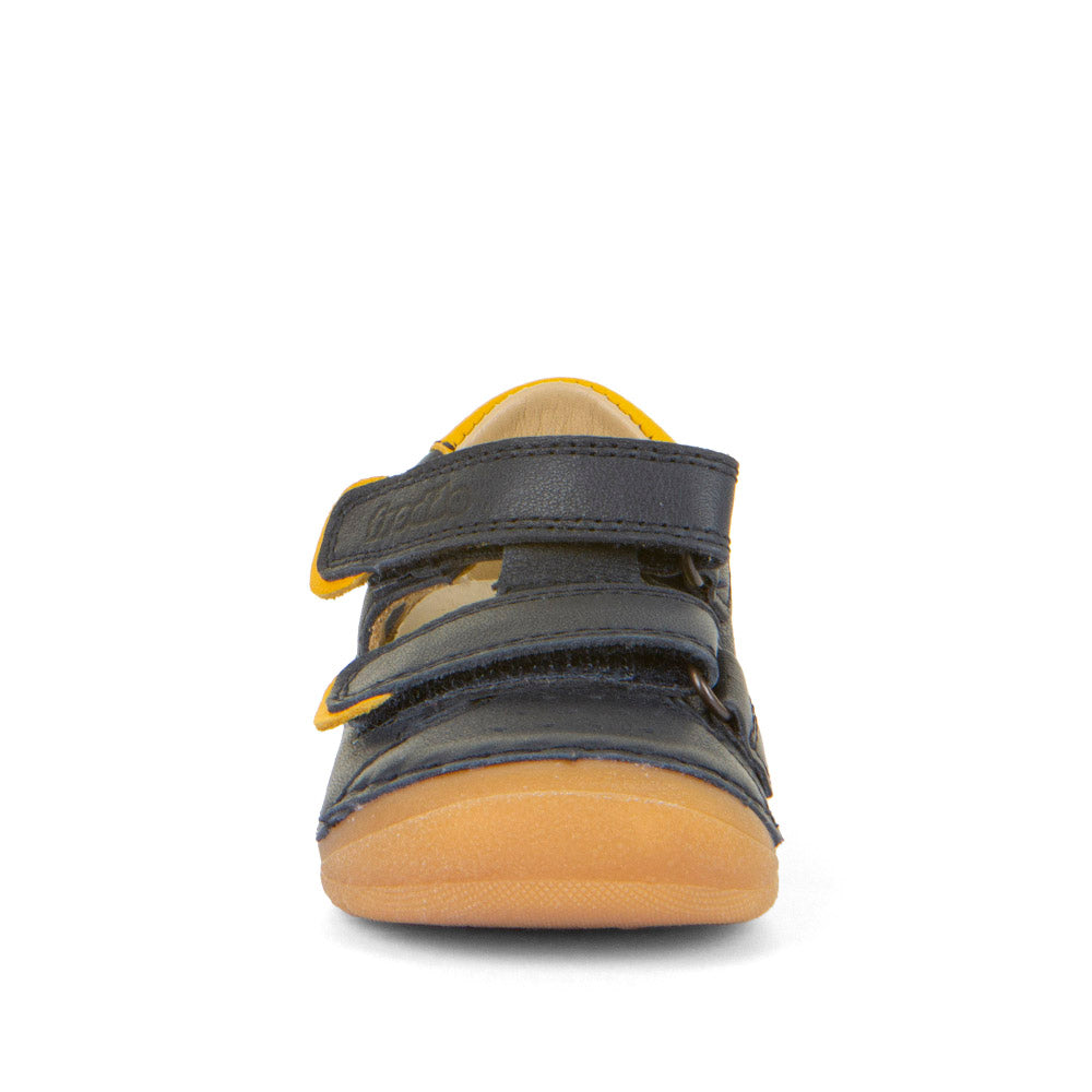 A boys closed toe sandal by Froddo, style Paix Double G2150198, in blue with yellow trim and double velcro fastening. Front view.
