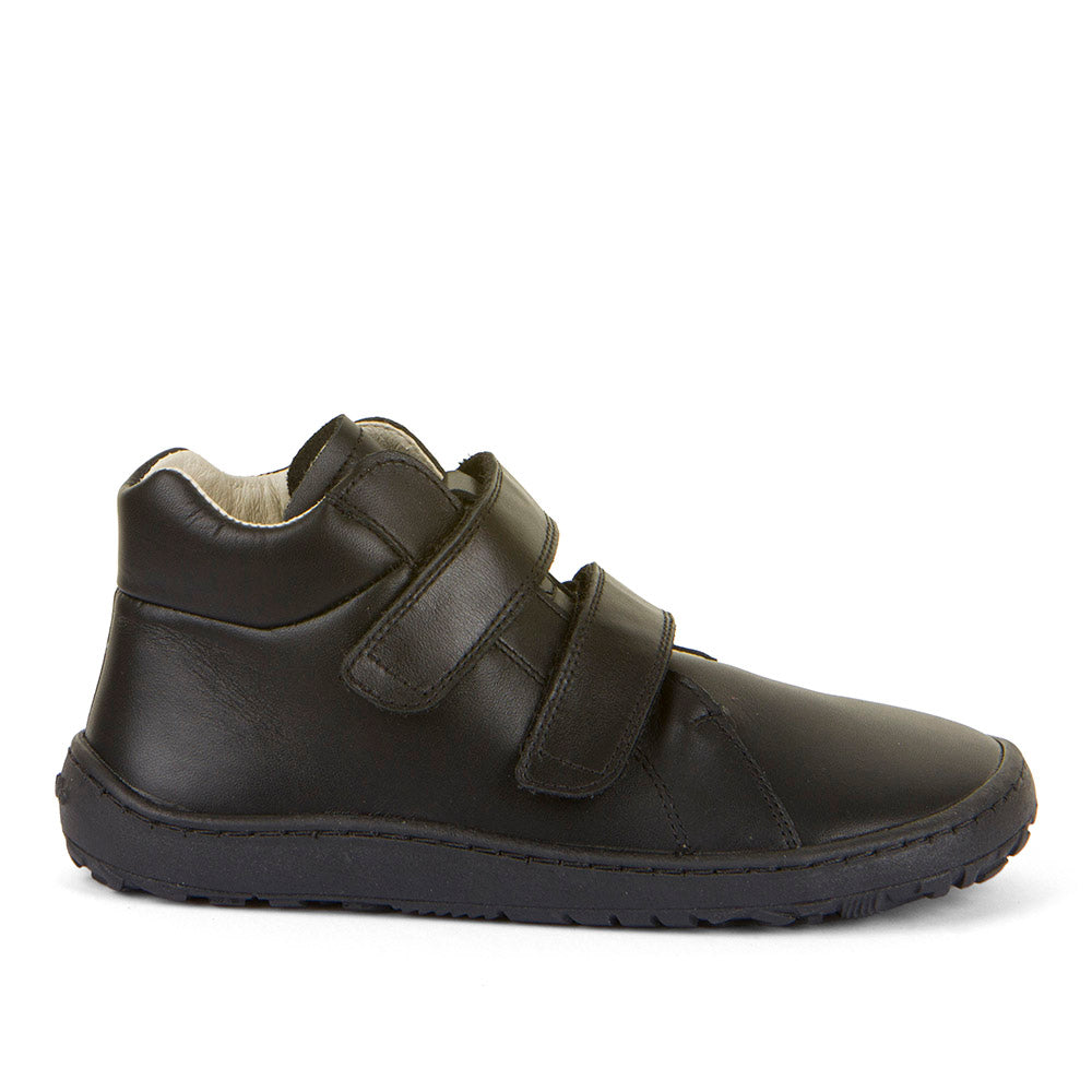 A boys barefoot school boot by Froddo, style Alex H, in black with double velcro fastening. Right side view.