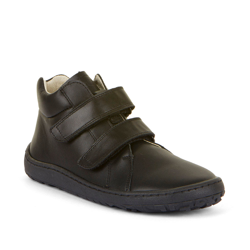 A boys barefoot school boot by Froddo, style Alex H, in black with double velcro fastening. Angled right side view.