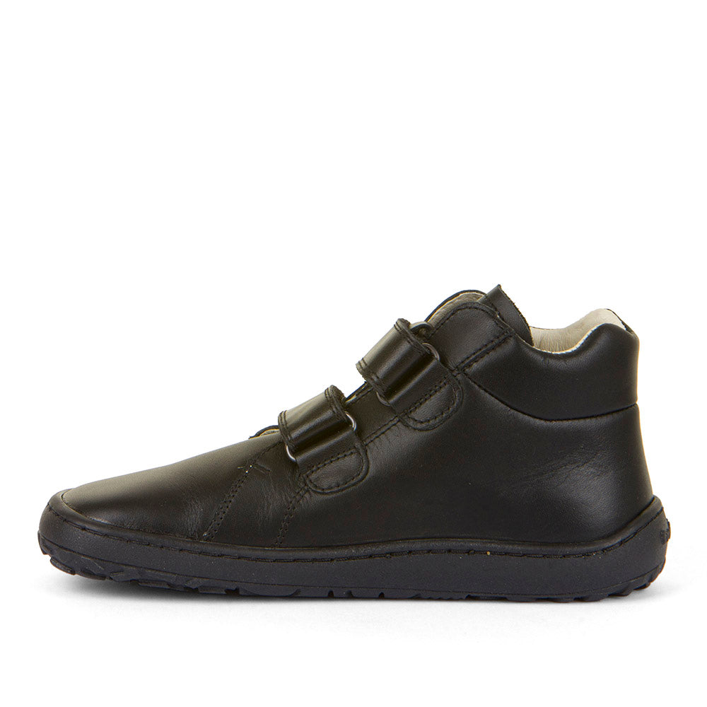 A boys barefoot school boot by Froddo, style Alex H, in black with double velcro fastening. Left side view.