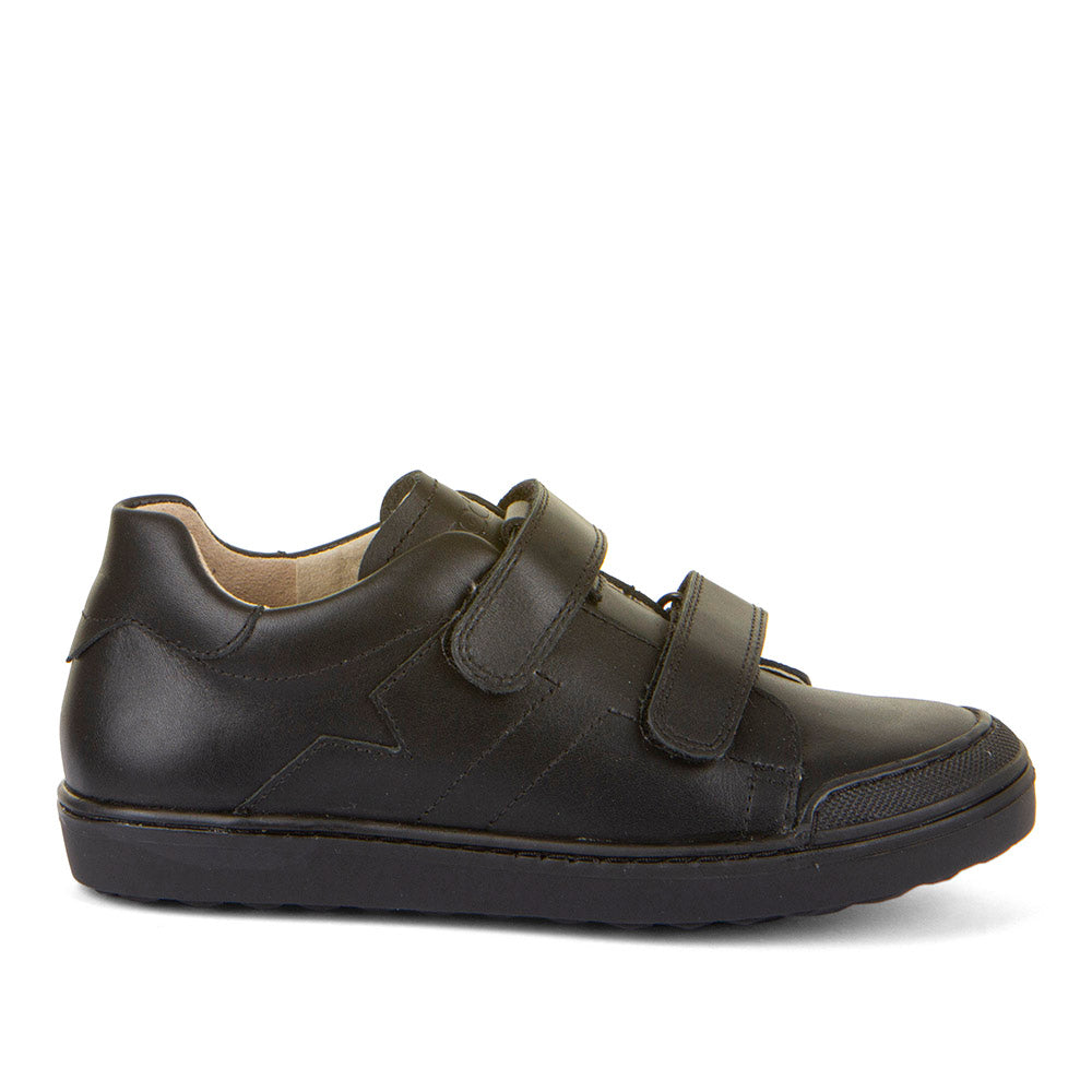 A boys school shoe by Froddo, style Aster in black with double velcro fastening. Right side view.