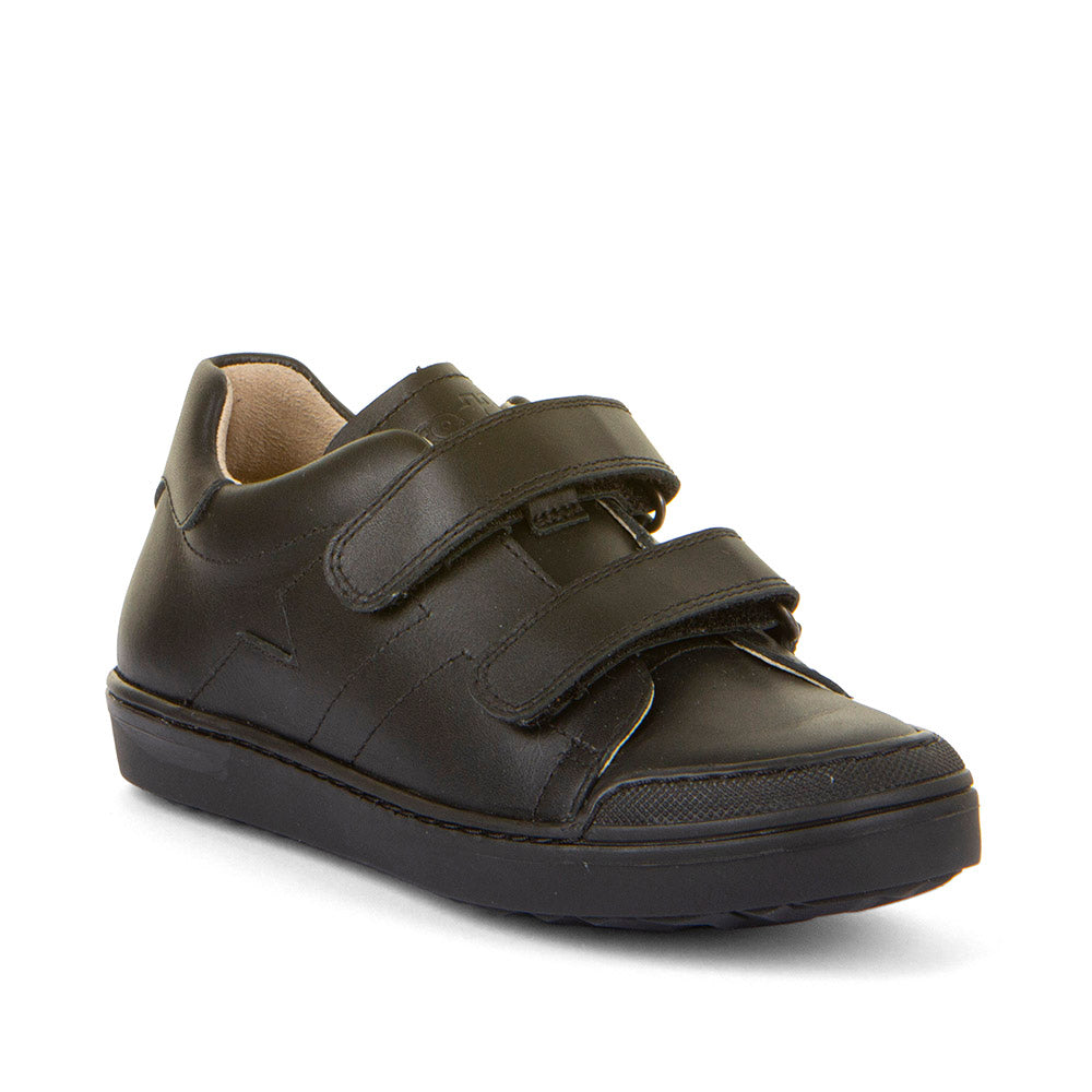 A boys school shoe by Froddo, style Aster in black double velcro fastening. Right angled view.