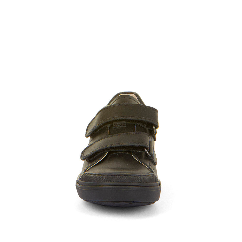 A boys school shoe by Froddo, style Aster in black, double velcro fastening. Front view.
