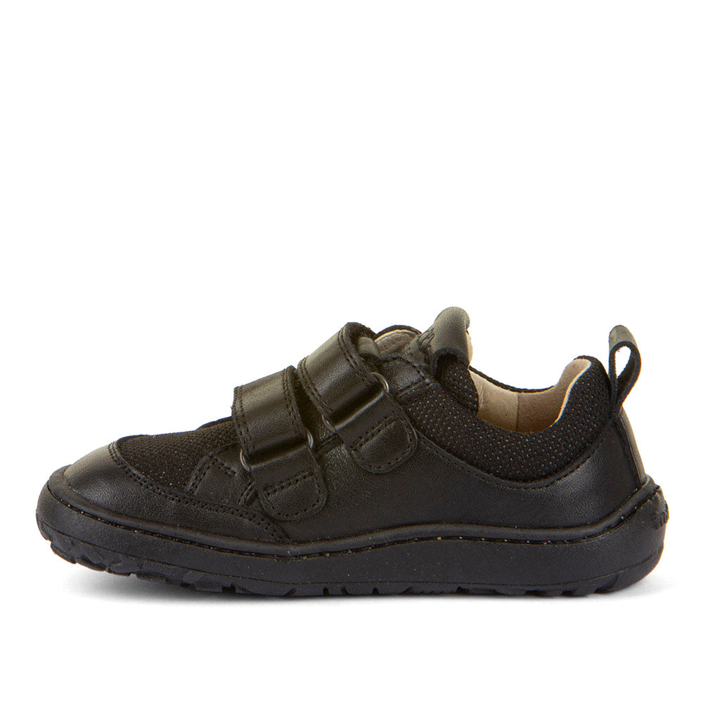 A boys barefoot school shoe by Froddo, style Alex B with two velcro straps and toe and heel bumpers Inner right side view