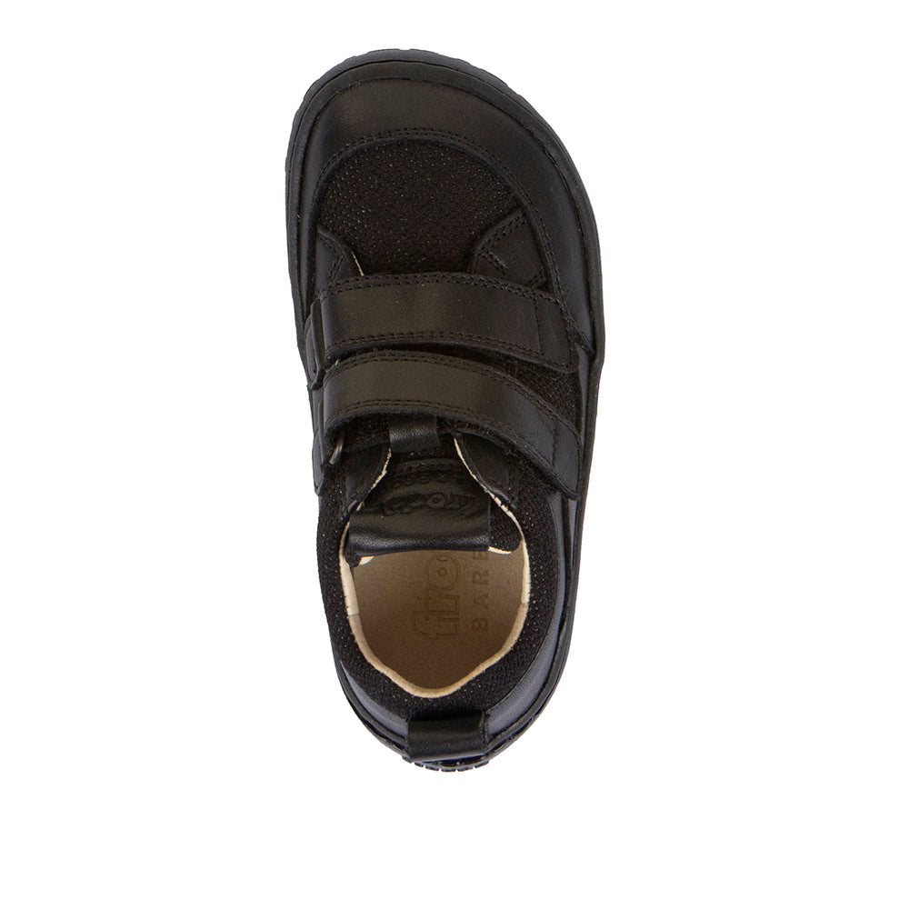 A boys barefoot school shoe by Froddo, style Alex B with two velcro straps and toe and heel bumpers Top view