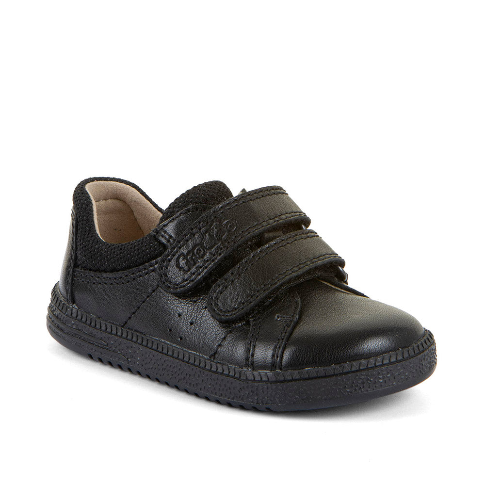 Boys barefoot school shoe by Froddo in the style Loop Steve in black leather with two velcro straps. Right side view.