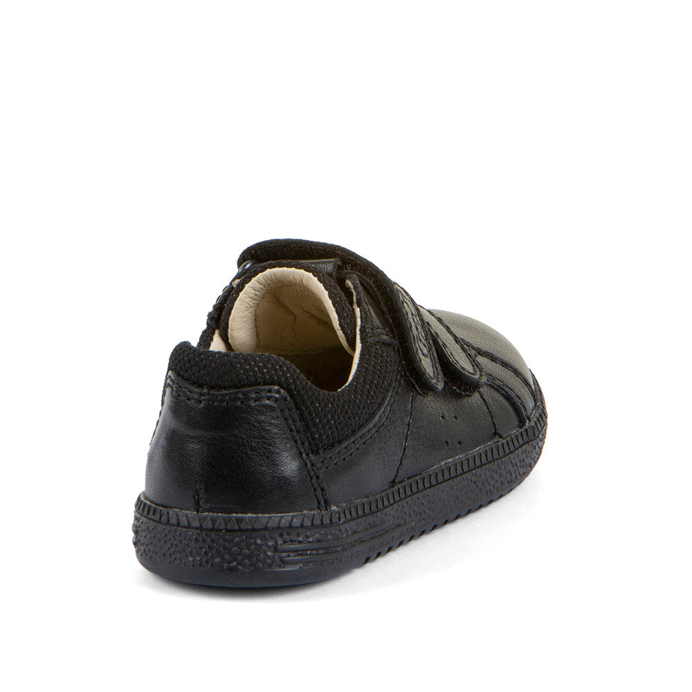 Boys barefoot school shoe by Froddo in the style Loop Steve in black leather with two velcro straps. Angled back view.